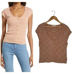 Madewell Peach and Brown Knit Button-Up Top